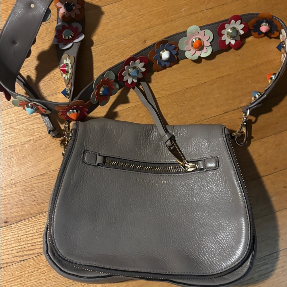 Gray Leather Marc Jacobs Shoulder Bag with Floral Strap